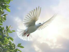 A free white dove holding green leaf branch flying in the sky. International Day of Peace concept background. Created with Generative AI technology. photo