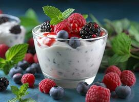 Granola with yogurt and berries for healthy breakfast. Bowl of greek yogurt with granola, almonds, blueberries and strawberries, top view, copy space. Created with Generative AI technology. photo