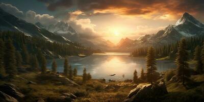 AI Generated. AI Generative. Beautiful nature outdoor landscape background. Lake river forest and mountain view. Adventure explore vibe. Graphic Art photo