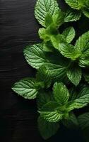 Fresh organic mint leaves ready for cooking on the kitchen table. Created with Generative AI technology. photo