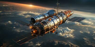 AI Generated. AI Generative. Galaxy space cosmic satellite shuttle rocket space ship universe station. Graphic Art photo