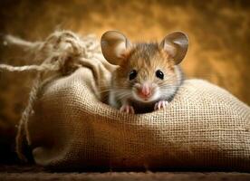 closeup the vole mouse nibbles the sack of grain in the storehouse Created with Generative AI technology. photo