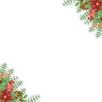 Merry Christmas frame with red poinsettia flowers, Holly, leaves, berries, pine, fir, green twigs on white background. New Year floral composition for greeting cards, design. vector