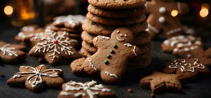 Christmas homemade gingerbread cookies on dark holiday defocused background. Commercial promotional photo AI Generative
