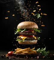 Fresco sabroso hamburguesa volador aire y papas fritas con pequeño vapor en oscuro antecedentes. rápido alimento. insalubre pero delicioso alimento. comercial promocional foto ai generativo