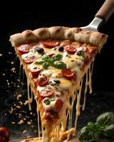 rebanada de Pizza con queso, salami, Tomates, pimienta, especias y Fresco albahaca en oscuro antecedentes. comercial promocional comida foto ai generativo