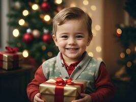 Smiling little boy holding gift box on defocused christmas background. Holiday surprise. New Year and Merry Christmas. AI generative photo