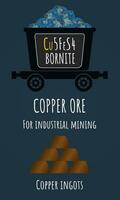 Set of vector illustrations of copper ore and copper ingots. INDUSTRIAL COPPER MINERALS. Bornite. Strategic minerals.