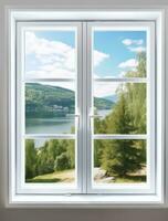 Modern residential window and trees and sky behind. Created with Generative AI technology. photo