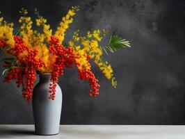A bouquet of yellow mimosa flowers stands in a glass vase on a dark gray background. Concept of 8 March, happy women's day. Vertical orientation. Created with Generative AI technology. photo