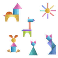 uppsättning av vattenfärg geometrisk djur. katt, hare, kanin, häst, lama, giraff, färgad Sol. barn leksaker. spel med ungar. vattenfärg illustration för skriva ut, affisch, märka, logotyp png