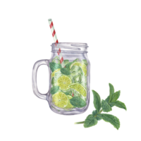 Refreshing beverage with mint leaves, ice cubes, lime slices, drinking Straw in glass jar Watercolor illustration of mojito cocktail. For menu, cocktail party png