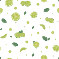 Seamless pattern of fresh lime slices, green mint leaves. Botanical watercolor illustration for card design, menu, textile, print, poster png