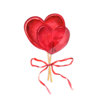 Transparent red caramel in the shape of heart decorated with red ribbon. Bouquet of candies, bonbons, lollipop, sugar caramels on stick. Watercolor illustration for greetings, postcard, invitation png