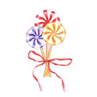 Bouquet of lollipops with red, blue, yellow swirl. Round bonbons with striped swirls, sugar caramel, red ribbons for decoration. Candies on stick. Watercolor illustration png