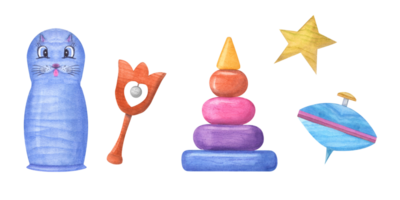 Watercolor illustration with kid wooden toys. Matryoshka, beanbag, spinning top, pyramid for decoration, greeting card, posters, different templates png