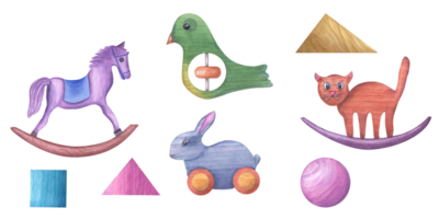 Watercolor illustration with kid wooden toys. Hobbyhorse, bird, cat, rabbit, bricks for decoration, greeting card, posters, different templates png