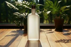 Clean white bottle rests on the warmth of the wooden floor AI Generated photo