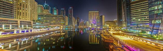 Panoramic view of brightly lit Marina district in Dubai photo