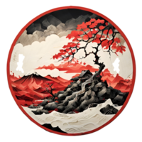 Japanese Style Mountain And Tree Sticker Ai Generative png