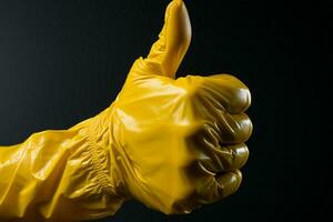 Confident assurance, Yellow gloved hand offers thumbs up, symbolizing everything will be fine AI Generated photo