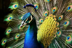 Male peacock captivates with vibrant tail feathers and graceful displays AI Generated photo