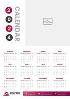 2024 wall Calendar vector illustration. week starts on Sunday, Simple planner design template, 2024 year corporate business calendar design template. use to wall, desk or business planner calendar.