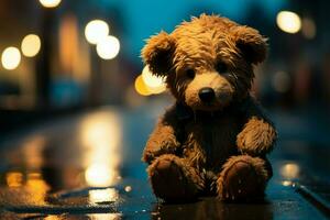 solitario osito de peluche valientes lluvia, sentado en un sombrío noche calle ai generado foto