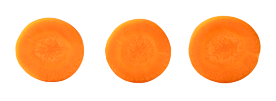 topp se av tre separerat färsk orange morot skivor isolerat med klippning väg i png fil formatera