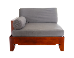 Gray quilted fabric vintage art deco style armchair on wooden base and legs isolated with clipping path in png file format. Front view series of furniture