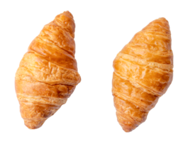 Top view of two separated fresh croissants isolated with clipping path in png file format