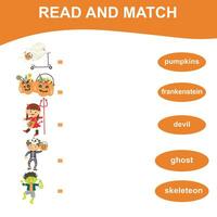 Read and match worksheet. Matching words with images using funny illustration. Printable activity page for kids. Educational activity for preschool kids vector