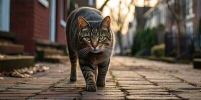 ai generado. ai generativo. uno solitario gato mascota caminando calle ciudad urbano antecedentes. gráfico Arte foto