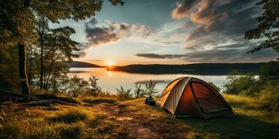 AI Generated. AI Generative. Camping relaxation time tent at lake beautiful landscape background. Adventure vacation rafting time. Graphic Art photo