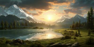 AI Generated. AI Generative. Beautiful nature outdoor landscape background. Lake river forest and mountain view. Adventure explore vibe. Graphic Art photo