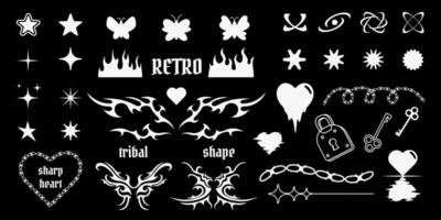 Collection of Y2K trendy shapes, tribal patterns, vector isolated drawings, geometric symbols in 2000s aesthetics.