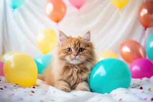 Cute ginger persian kitten lying on the bed with colorful balloons, Cute ginger cat with colorful balloons on bed. Fluffy pet, AI Generated photo