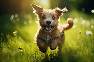 Funny puppy of Yorkshire Terrier running in the green grass, cute dog running in the green grass on a sunny summer day, AI Generated photo