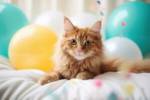 Cute ginger cat lying on bed with colorful balloons and confetti, Cute ginger cat with colorful balloons on bed. Fluffy pet, AI Generated photo