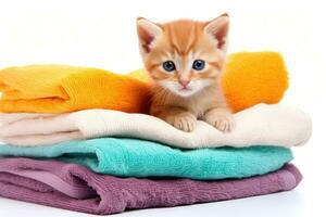 Cute little kitten with pile of towels isolated on white background, Cute ginger kitten on pile of colorful towels, isolated on white, AI Generated photo