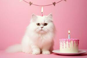 Cute white persian cat with birthday cake on pink background, Cute white cat with birthday cake on pink background, copy space, AI Generated photo