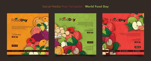 Set of social media post template with colorful doodle art of fruits background for world food day vector