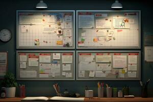 Illustration of a work space with office supplies and stationery, Discover an information hub with a bustling notice board, exchanging and displaying important notes and announcements, AI Generated photo
