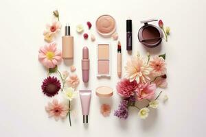 productos cosméticos y flores en blanco fondo, plano poner. belleza concepto, diferente maquillaje productos cosméticos y flores en blanco antecedentes. hembra accesorios, ai generado foto