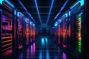 Futuristic server room interior with neon lights. 3D Rendering, Data Center Server Room. Network Communication, Colorful Neon Server Racks, AI Generated photo