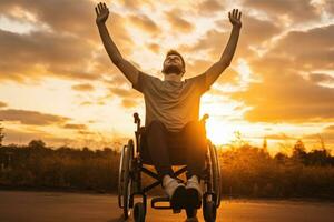 discapacitado hombre en silla de ruedas con elevado manos a puesta de sol o amanecer, discapacitado minusválido hombre tiene un esperanza. él es sentado en silla de ruedas y extensión manos a atardecer, ai generado foto