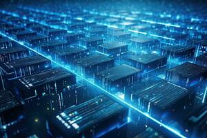 3d representación de resumen tecnología antecedentes con binario código. computadora generado imagen, digital datos transferir y Procesando terminado el Internet. futurista tecnología estilo, ai generado foto