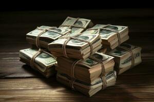 Heap of dollars on wooden table. Shallow depth of field, Dollar bundles on a wooden surface, AI Generated photo