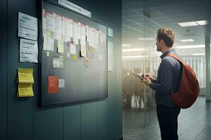 Young man with backpack using digital tablet in office interior. Mixed media, Discover an information hub with a bustling notice board, exchanging and displaying important notes , AI Generated photo