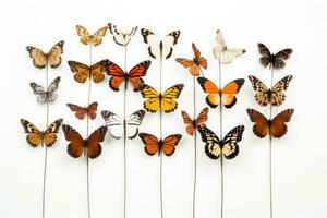 Butterflies on white background. Different types of butterflies, top view, Different kinds of butterflies sitting on a stick, white background, AI Generated photo